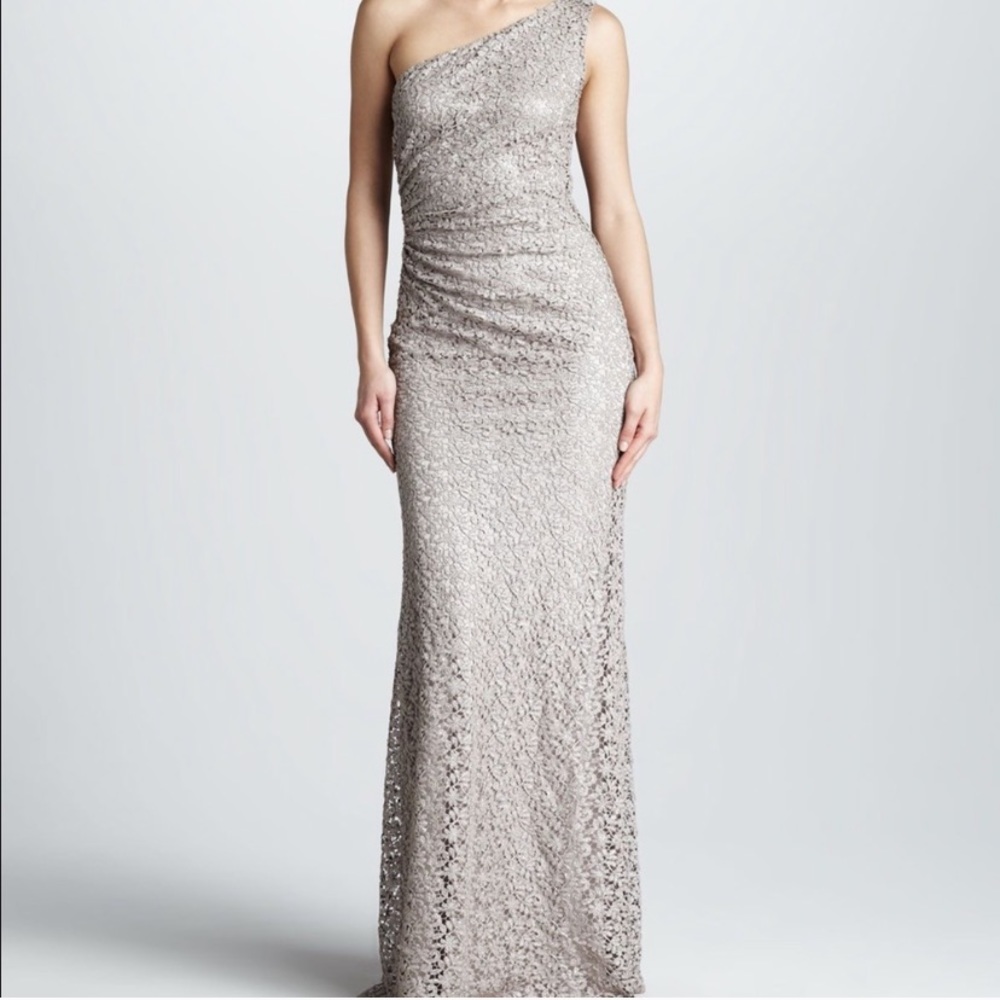 David Meister tan one shoulder lace formal maxi dress size 4